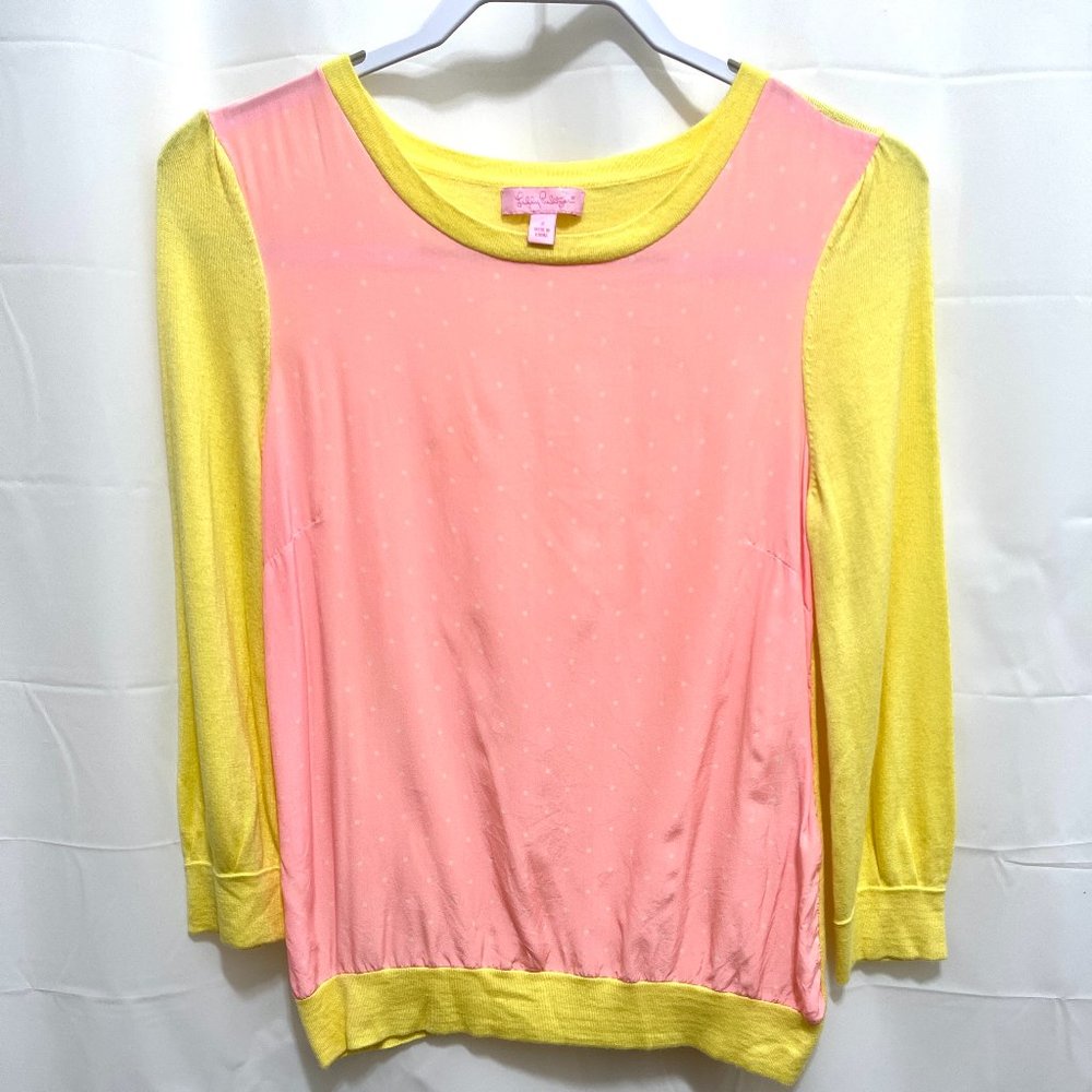 Lilly Pulitzer T-Shirt, Sz S, yellow/pink w/ polka dots, PEM22